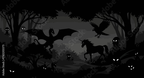 Mystical enchanted forest scene featuring a majestic unicorn dragon and mysterious creatures in twilight glow isolated on white background