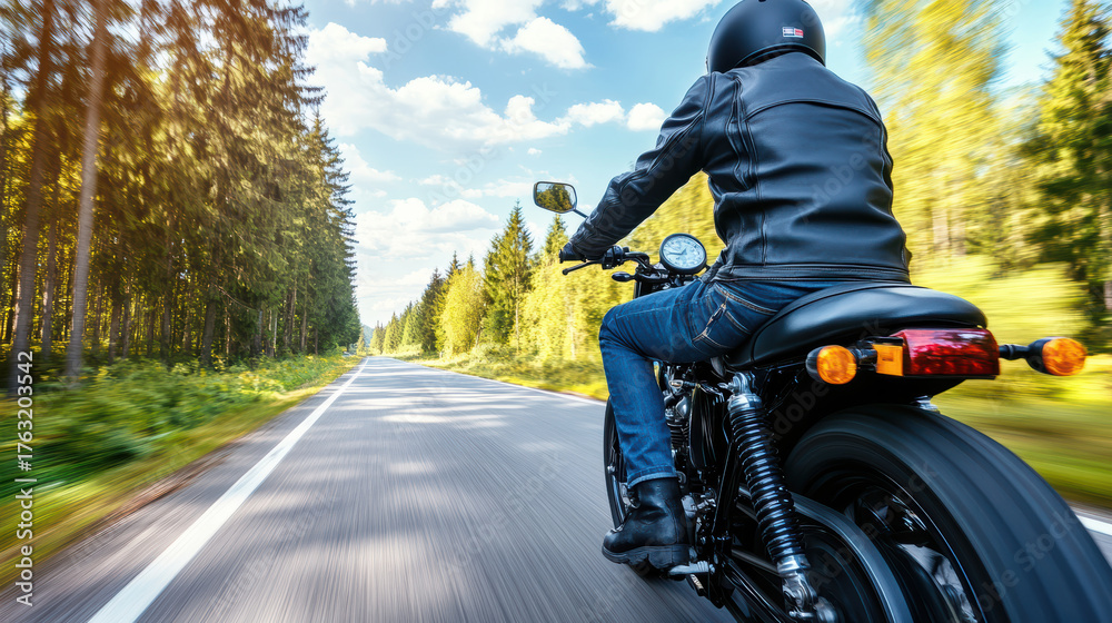 Obraz premium Rider on motorcycle cruising down scenic road surrounded by lush trees, embracing freedom