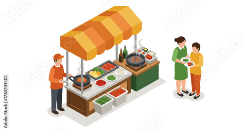 Street food market in isometric style with vendor and customers enjoying fresh dishes