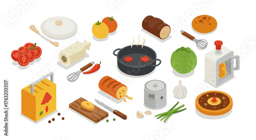 Isometric kitchen ingredients and utensils collection for cooking enthusiasts