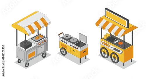 Isometric street food carts with colorful canopies and cooking equipment