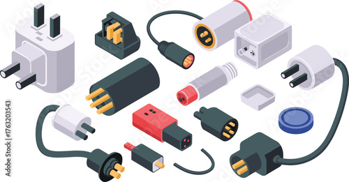 Isometric illustration of various electrical plugs, sockets, and power adapters, electronic connection equipment and cable connector technology concept
