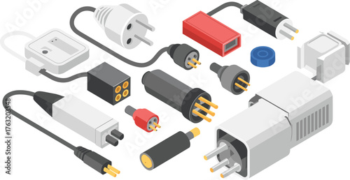 Isometric illustration of various electrical plugs, sockets, and power adapters, electronic connection equipment and cable connector technology concept