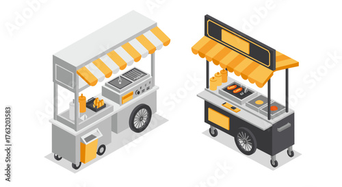 Isometric food carts with cooking and serving equipment on wheels