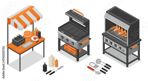Isometric outdoor grilling station with barbecue equipment and condiments