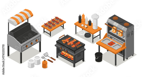 Isometric outdoor barbecue setup with grills and cooking accessories
