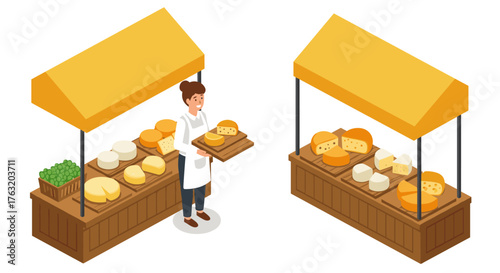 Isometric farmers market with cheese stalls and friendly vendor under a yellow canopy