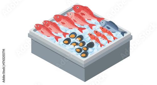 Fresh seafood platter display with ice in market isometric style