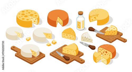 Variety of cheeses and accessories in isometric style on white background