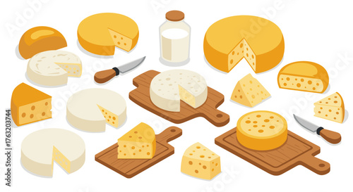 Variety of cheeses on wooden boards with knives in isometric style
