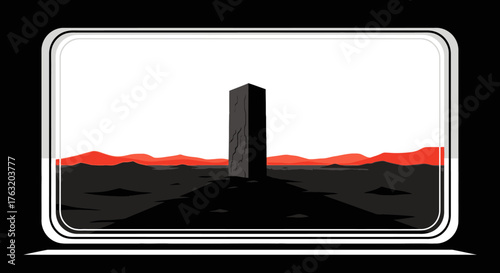 Futuristic architectural landmark with red hues visible through a digital screen displaying a modern geometric monument isolated on white background