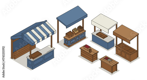 Isometric market stalls: rustic booth designs with various food displays