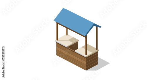 Isometric wooden market stand with blue roof on white background