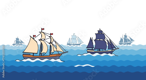 Historical sailing ships fleet on the open sea under a bright sky naval voyage adventure maritime exploration past vessels isolated on white background