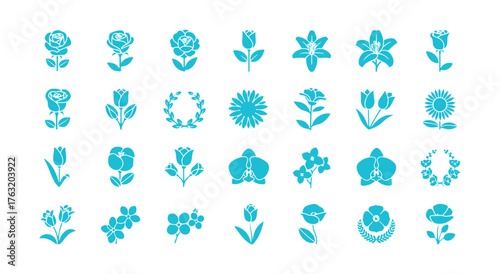 Set of line icons featuring flowers. A collection of objects