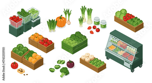 Isometric grocery store display with fresh vegetables and fruits