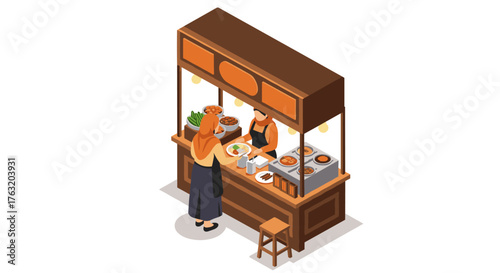 Isometric food stall with vendor and customer interacting in market scene