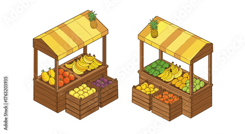 Colorful market stalls with fresh produce displayed in isometric view