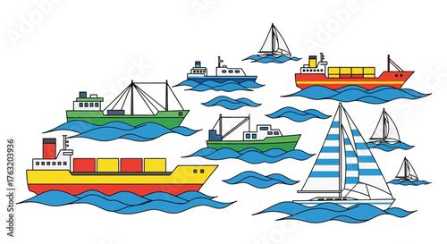 Collection of diverse marine vessels sailing on blue waves diverse fleet of ships including cargo container ships fishing boats and sailboats in a lively nautical scene isolated on white background