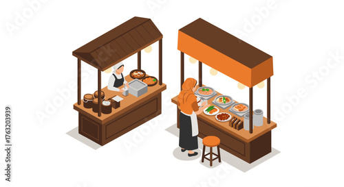 Isometric market stalls with diverse food offerings and characters