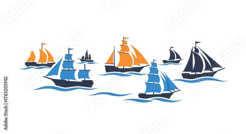 Collection of colorful antique sailing ships and boats on stylized water creating a maritime scene ideal for nautical themes isolated on white background