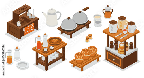 Cozy breakfast kitchen setup with isometric appliances and utensils