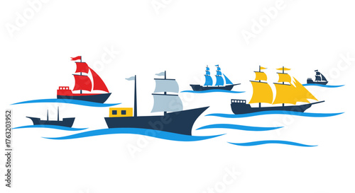 Colorful sailboats and ships navigate tranquil ocean waters creating a vibrant maritime scene depicting nautical travel and exploration on a clear day isolated on white background