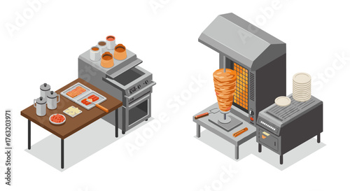 Isometric kitchen setup for shawarma and gyro preparation with equipment