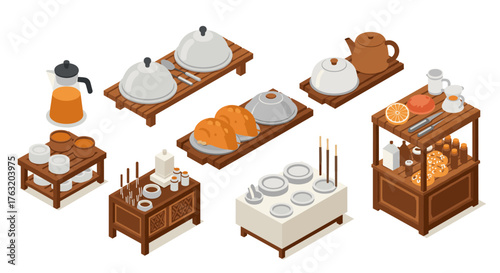 Isometric breakfast buffet with dishes, drinks, and pastries on wooden tables
