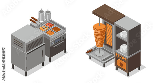 Modern isometric kitchen equipment with shawarma grill and fryer for restaurants