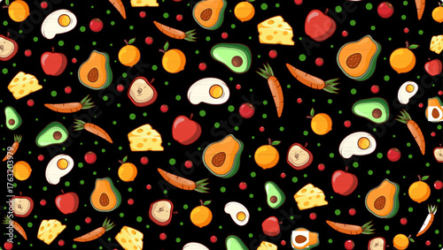 A lively seamless pattern featuring fresh fruits, vegetables, and dairy items—avocado, egg, cheese, apple, carrot, tomato, and more. Ideal for food branding, packaging, and lifestyle design.