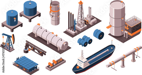 Isometric oil and gas industry illustration showing refinery plant, drilling rig, storage tanks, pipelines, ships, and industrial equipment concept