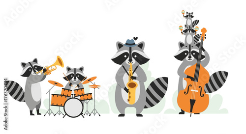 Whimsical raccoons play music together a fun cartoon band with instruments creating lively melodies for joyful scenes and children's content isolated on white background