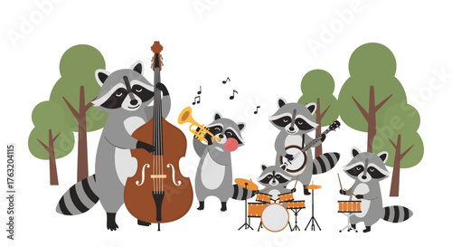 Whimsical raccoon band performs outdoor concert with upright bass drums and trumpets amongst trees isolated on white background