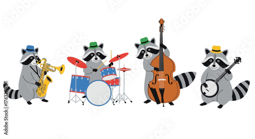 Whimsical raccoon band playing music together a drummer bassist guitarist saxophonist in a lively performance isolated on white background