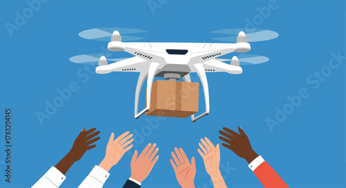 Drone delivering package to outstretched hands, modern logistics.