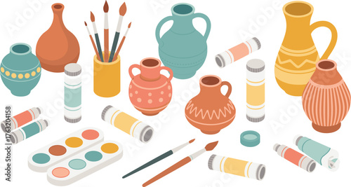Isometric pottery and painting art illustration showing clay vases, brushes, watercolor paints, and color tubes for creative studio