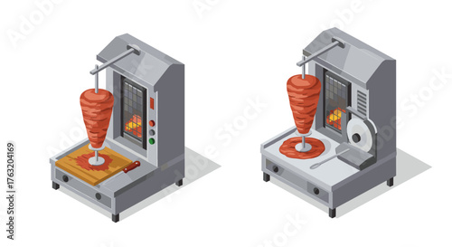 Isometric kebab grill machines with rotating meat for restaurant kitchens