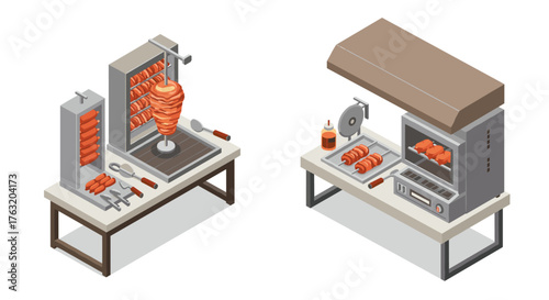 Isometric doner kebab equipment with slicing tools and rotisserie setup