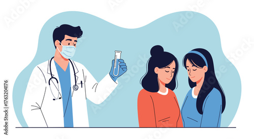 Male doctor in a protective mask showing a vaccine vial to two women.