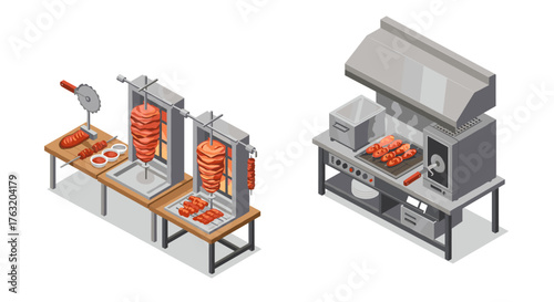 Isometric kitchen setup with shawarma grills and rotisserie in modern style