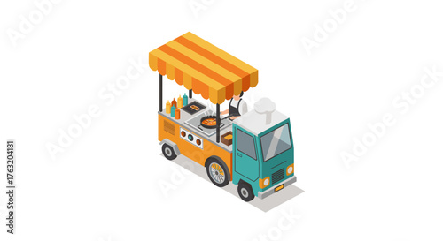 Isometric food truck with striped awning and fast food items in minimalist style