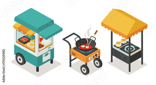 Colorful isometric street food carts with wok and snack stalls