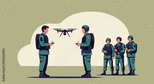 Military personnel training with drone technology in outdoor environment.