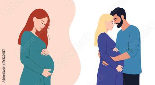 Pregnant woman feeling sad and couple expecting baby together.