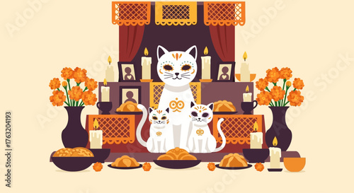 A tender flat design illustration portraying a cat family gathered around a traditional Day of the Dead ofrenda, honoring ancestors with marigolds, candles, and pan de muerto. 
