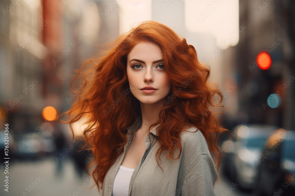 Obraz premium Young woman with long, curly, vibrant red hair posing on a city street with blurred background