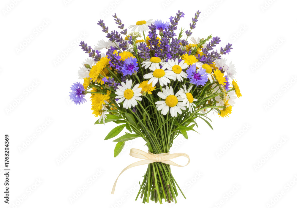 Obraz premium Isolated colorful wildflower bouquet. Fresh bunch of yellow daisies and violet lavender