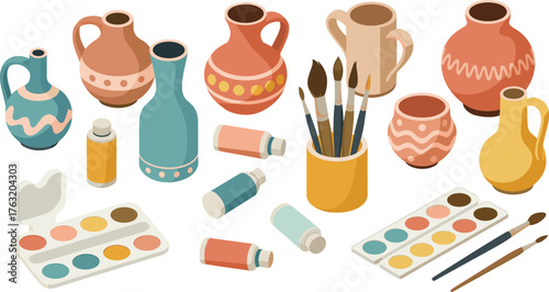 Isometric pottery and painting art illustration showing clay vases, brushes, watercolor paints, and color tubes for creative studio