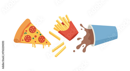Delicious fast food feast pizza fries and soda splash for your next marketing campaign isolated on white background